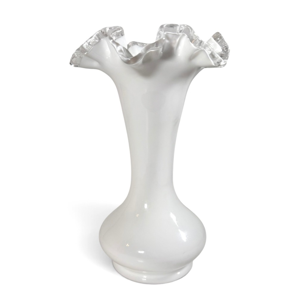 Vintage Fenton White Milk Glass Clear Crest Ruffled Rim Trumpet Vase 9.5 Inch